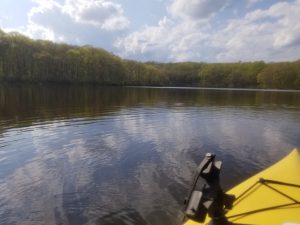 pond fishing, kayak fishing, warmwater flyfishing, spring fishing, Newtown CT, balsa poppers, fiberglass rod, Hattertown Pond
